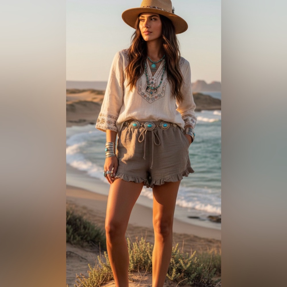 American Eagle Ruffled Tan Shorts Sz L Boho Travel Casual Academia Hippie Cruise